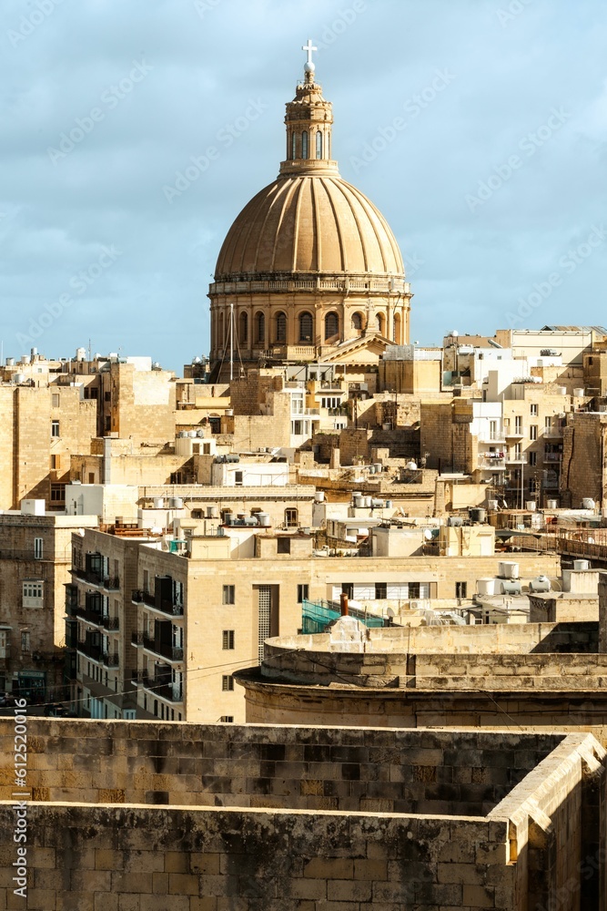Aerial of the cityscape of Valletta and the beautiful Basilica of Our Lady of Mount Carmel in Malta
