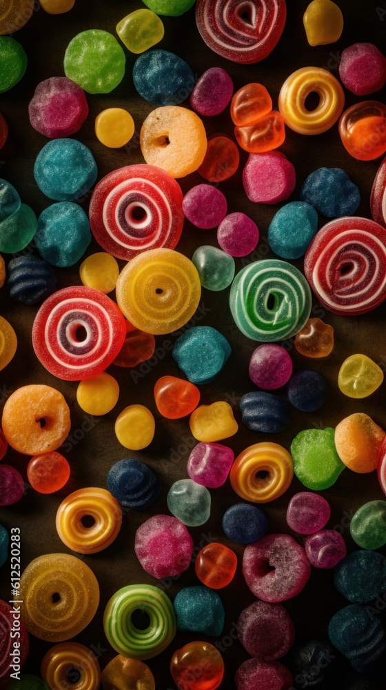 Fototapeta premium Sweet Sour Candy Photorealistic Vertical Background. Sweet Dessert From Confectionery. Ai Generated Lifelike Background with Delicious Flavory Sour Candy. Generative AI