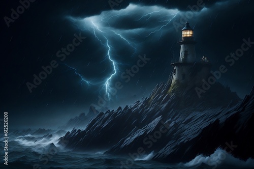lighthouse in the sea, An old lighthouse built on a huge rock in the middle of the sea, a huge lightning strike with rain on a dark night.a turbulent sea AI GENERETE 