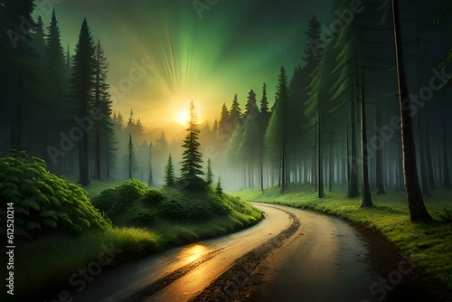 Road in the forest at the time of sunrise