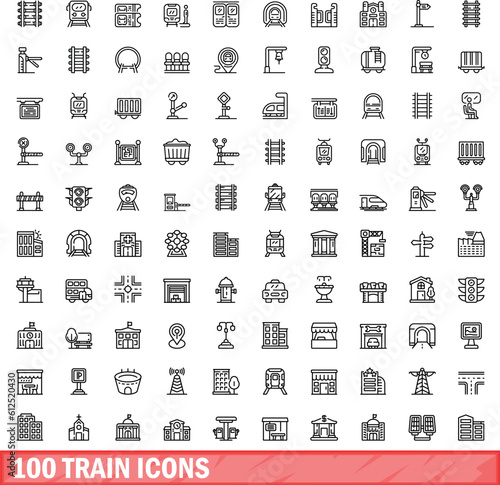 100 train icons set. Outline illustration of 100 train icons vector set isolated on white background