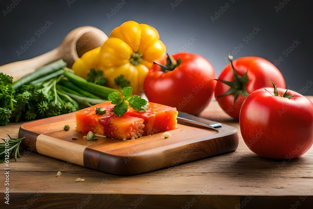 tomato and knife on cutting board, Generative Ai technology