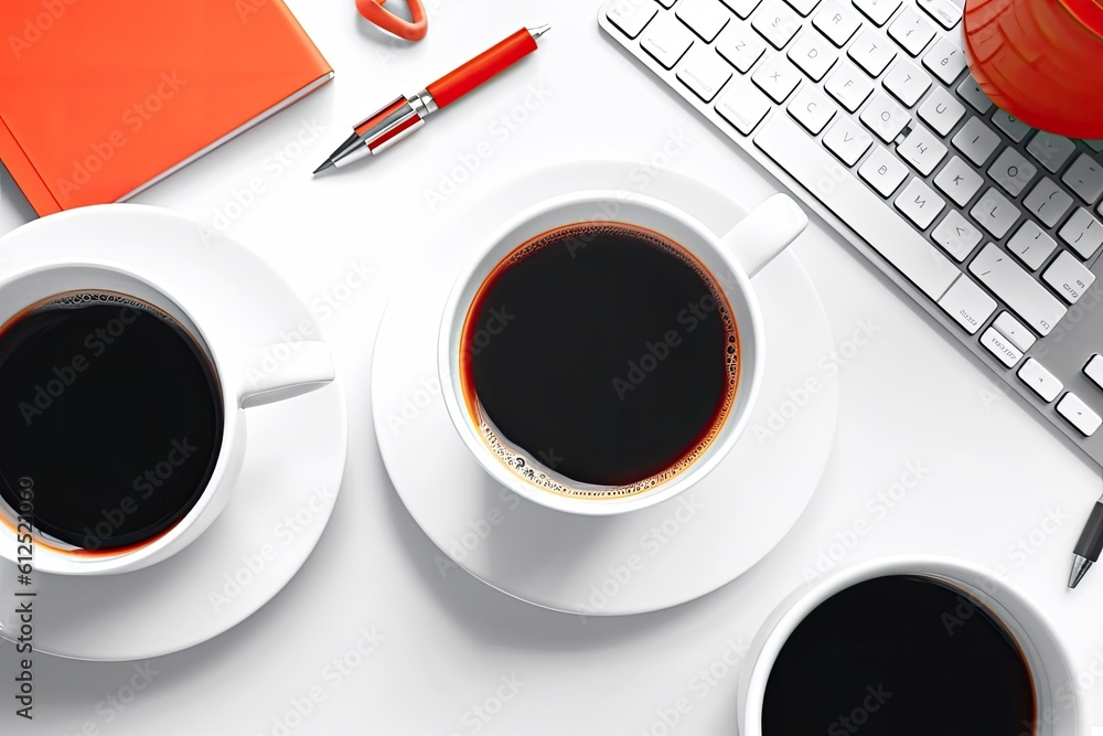 cozy workspace with a cup of coffee and a notebook on a wooden table. Generative AI cozy workspace with a cup of coffee and a notebook on a wooden table. Generative AI