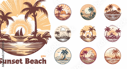 Summer beach island with palm trees in the ocean. Vector emblem of travel, holiday, resort. Vector Logo collection.