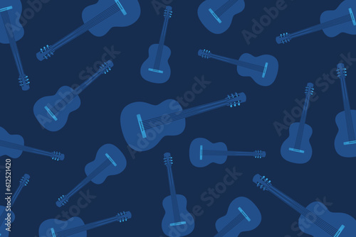 Modern pattern with guitars. Randomly scattered guitars on a dark blue background 