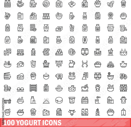100 yogurt icons set. Outline illustration of 100 yogurt icons vector set isolated on white background