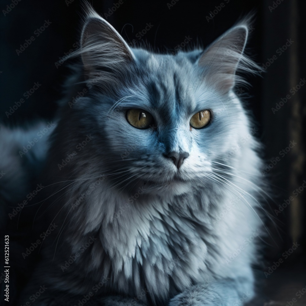 fluffy gray longhair cat with yellow eyes created with Generative AI technology fluffy gray longhair cat with yellow eyes created with Generative AI technology