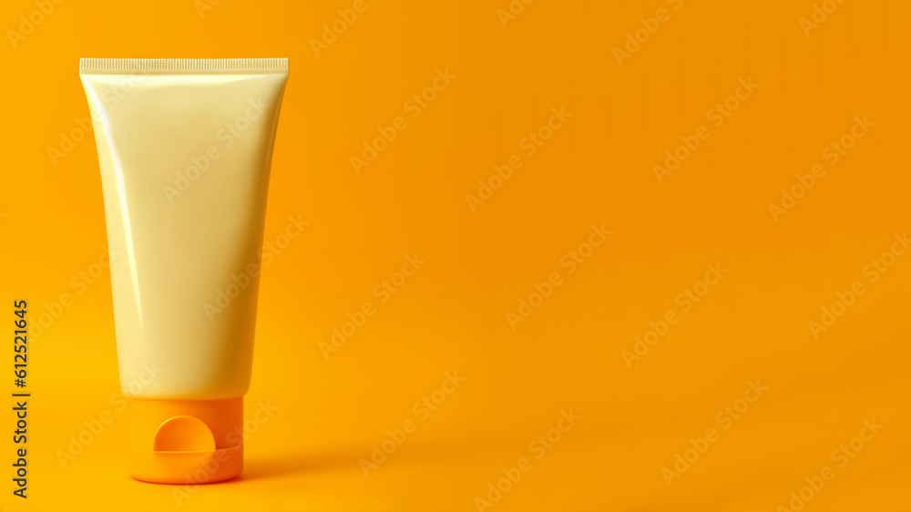 Clean yellow plastic tube on an orange background with a place for text. Cosmetic package mock up. AI generated Clean yellow plastic tube on an orange background with a place for text. Cosmetic package mock up. AI generated