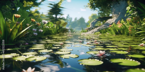 Tranquility embodied   a serene pond adorned with lily pads and gentle ripples  a sanctuary of calm. Generative AI  
