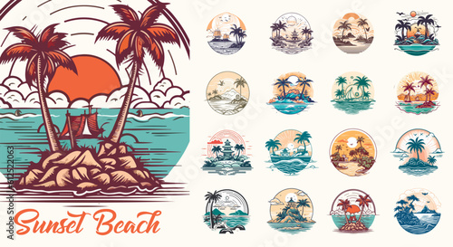 Summer beach island with palm trees in the ocean. Vector emblem of travel, holiday, resort. Vector Logo collection.