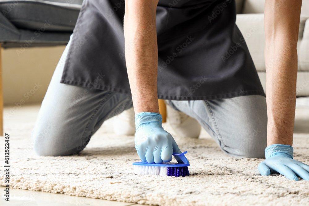 Male janitor cleaning carpet with brush in living room, closeup Male janitor cleaning carpet with brush in living room, closeup