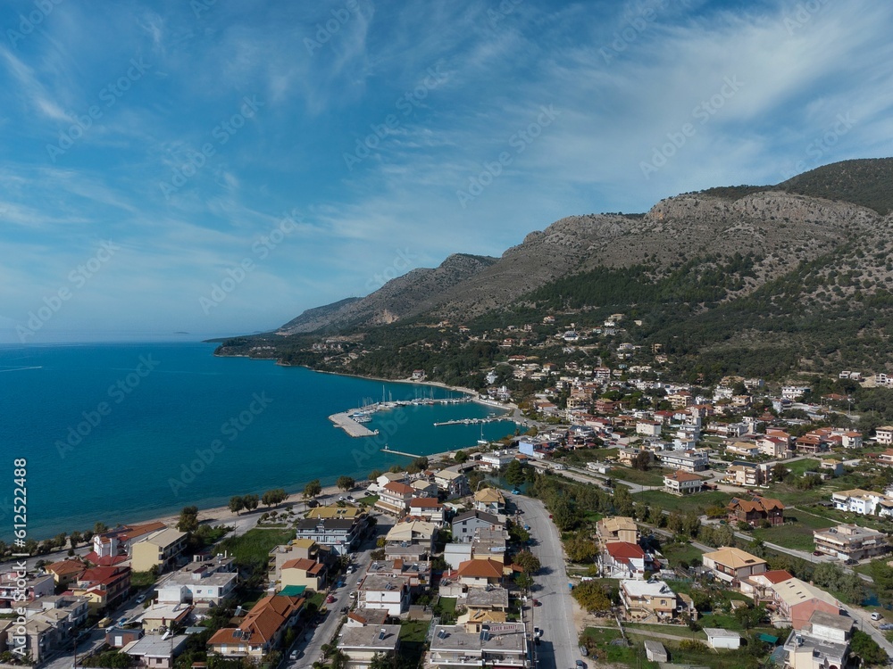 Beautiful aerial view of Pataria village buildings at the coastine