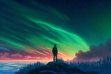 illustration boy on a hill admires the polar lights created with Generative AI technology