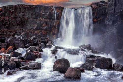 Scenic view of the Oxararfoss waterfall flowing over the rocks at sunset  Thingvellir