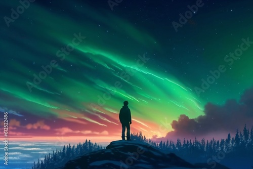 illustration boy on a hill admires the polar lights created with Generative AI technology