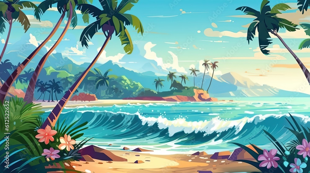 Naklejka premium artistic illustration of beautiful, calm beach at noon time, Generative Ai