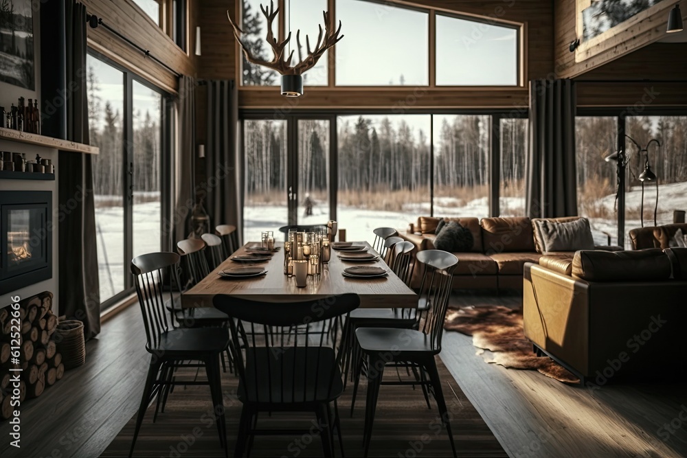 A trendy rural chalets warm, pleasant interior has a large picture window that looks out over the winter forest. a family fireplace, an open floor design, wood furnishings, and warm Generative AI