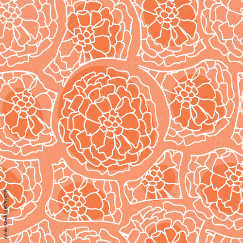 Graphic marigold flower seamless repeat pattern.Linear bud of white color on an orange background.Abstract texture for printing on fabric and paper.Endless wallpaper.Vector illustration.
