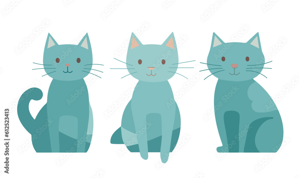 Fototapeta premium Simple flat cute cat set, isolated on white, sitting kawaii kitty, vector kitten