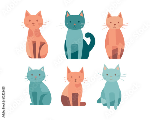 Vector flat kitty set, cute simple cat collection, domestic pet cat day, animal vet adoption 