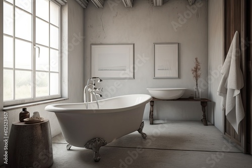 modern white bathtub with a view of nature from a window. Generative AI