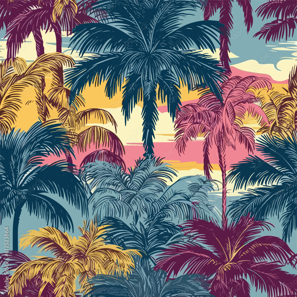 Obraz premium Seamless Colorful Hawaii Palms Pattern.Seamless pattern of Hawaii Palms in colorful style. Add color to your digital project with our pattern!