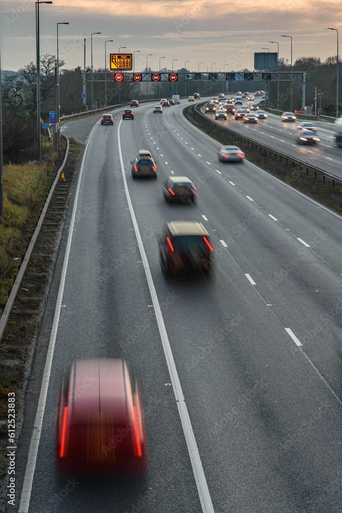Fast moving traffic on the M42 near Birmingham, UK.