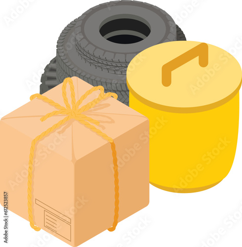 Ecology concept icon isometric vector. Car tire and closed box near trash can. Waste sorting, environmental protection