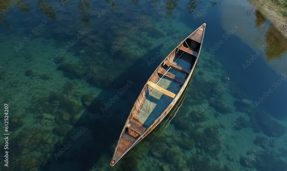 Obraz premium a boat floating on top of a body of water next to a shore covered in green plants and rocks and a small patch of grass. generative ai