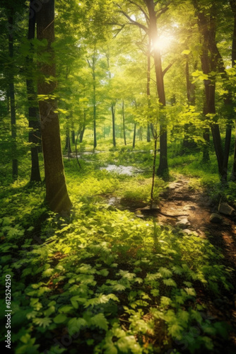Immerse yourself in a magical forest realm  where rays of sunlight pierce through the dense foliage  illuminating the lush greenery with an ethereal glow.  Generative AI  