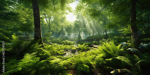 Immerse yourself in a magical forest realm, where rays of sunlight pierce through the dense foliage, illuminating the lush greenery with an ethereal glow. Generative AI 