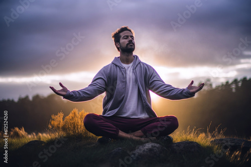 Man sitting with eyes closed in meditation yoga pose, cross legged, outdoors, sunrise. Generative AI