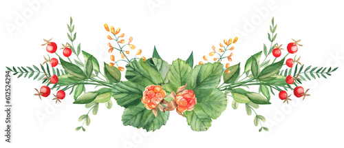 Watercolor garland summer bouquet isolated on white background. Cloudberry leaves, red berries, yellow flowers and green branches. Botanical hand drawn illustration. For greeting cards, invitations