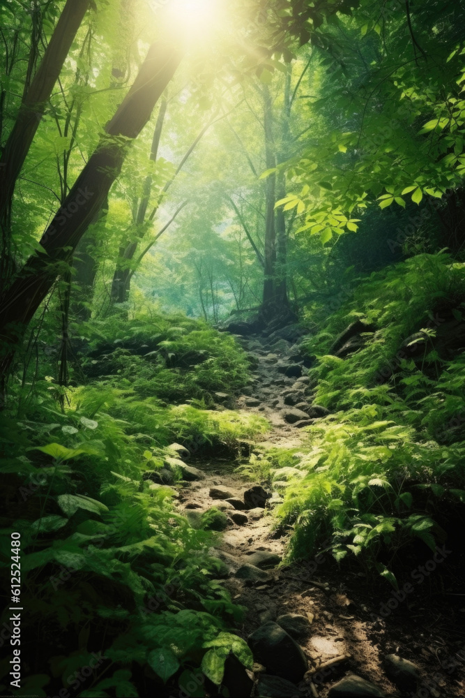 Fototapeta premium Nature's enchantment unfolds in a forest bathed in golden rays, as sunlight filters through the verdant canopy, casting a mesmerizing glow. Generative AI