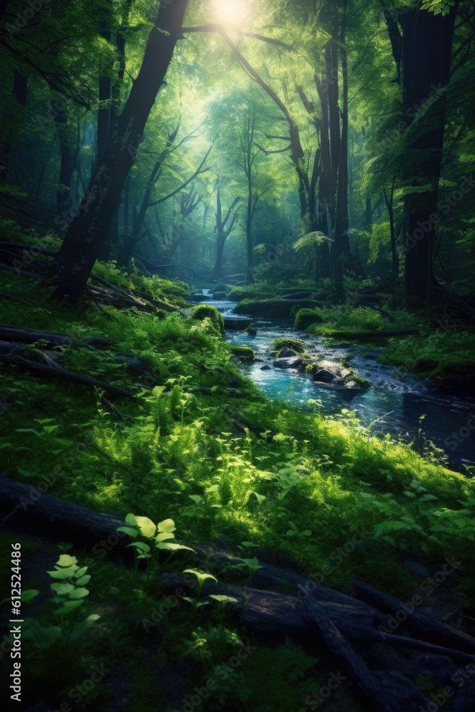 Fototapeta premium Nature's enchantment unfolds in a forest bathed in golden rays, as sunlight filters through the verdant canopy, casting a mesmerizing glow. Generative AI 