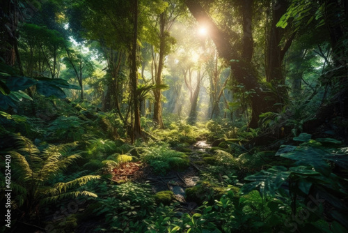 Discover the allure of an enchanting forest  where dappled sunlight dances through the lush green canopy  creating a mystical ambiance. Generative AI  