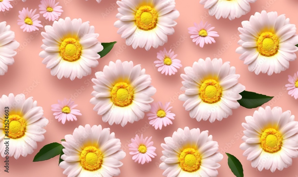  a bunch of white and yellow flowers on a pink background with green leaves and petals on the petals of the flowers are yellow and white.  generative ai