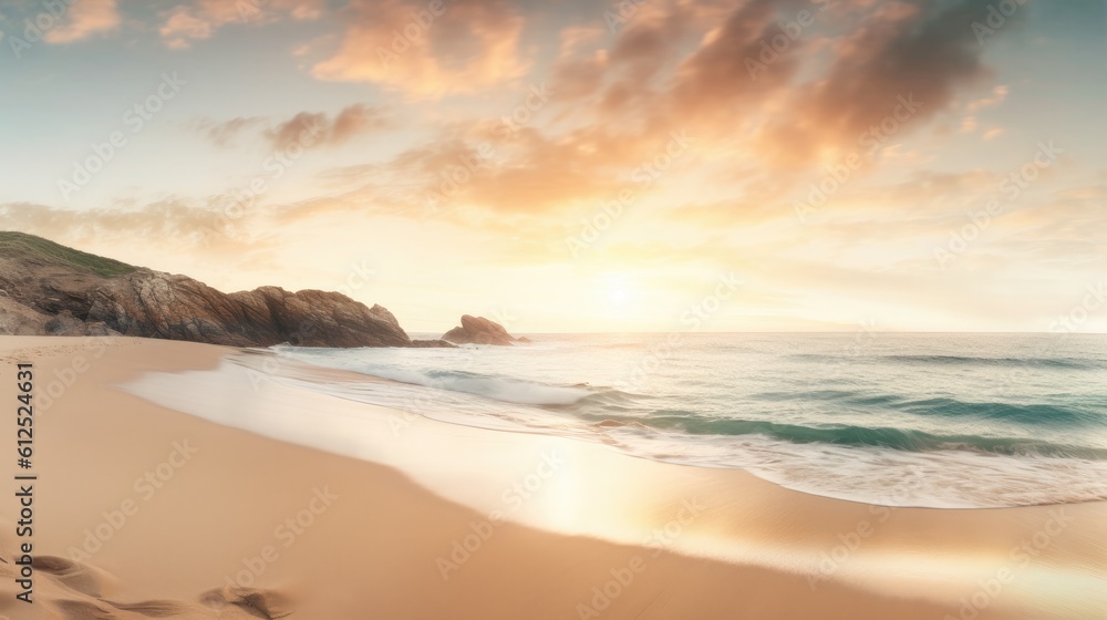 A stunning seascape photograph of a tranquil beach scene, capturing the soft hues and textures of sand and sea. Generative AI. 