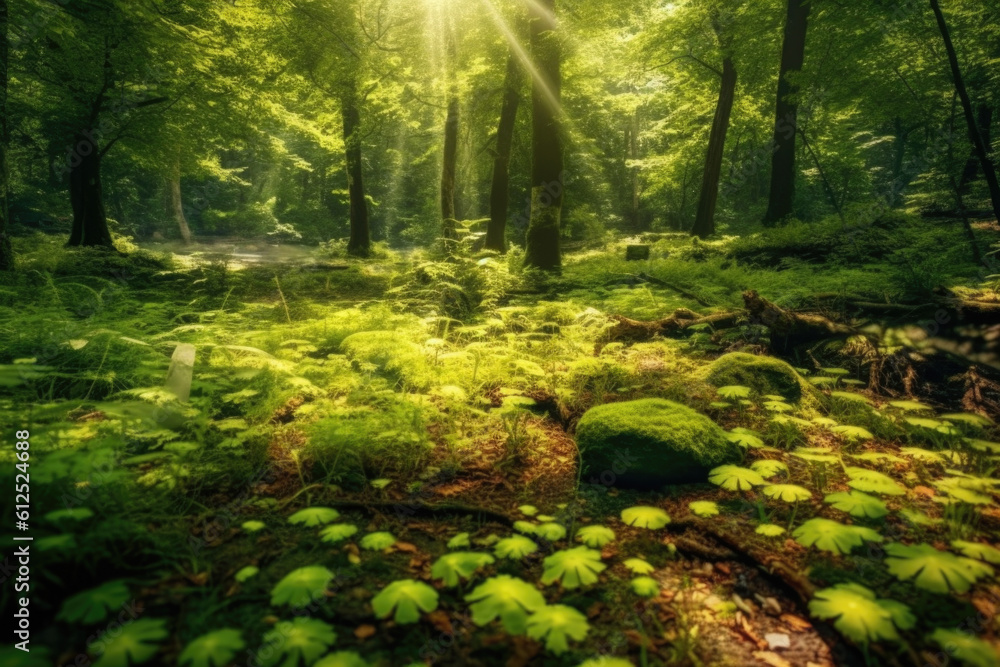 An enchanting forest scene with rays of sunlight filtering through the lush green canopy. Generative AI  