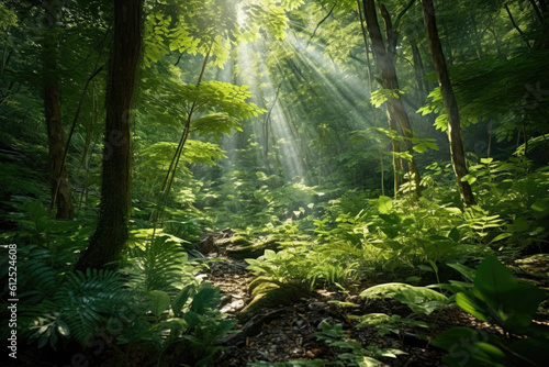 Step into an enchanting forest  where sunlight weaves its magic through a lush green canopy  creating a scene of ethereal beauty. Generative AI  
