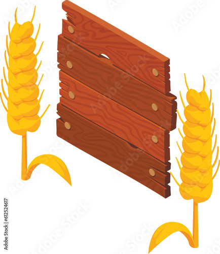 Alcohol production icon isometric vector. Mature barley spikelet and wood plaque. Production, business, hobby