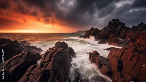 An awe-inspiring image of a stormy sky over a rugged coastline, freezing the moment of nature's fury. Generative AI. 