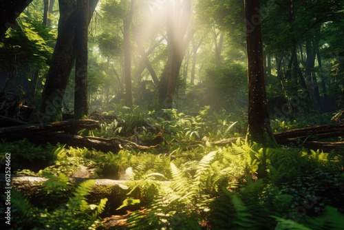 Step into an enchanting forest  where sunlight weaves its magic through a lush green canopy  creating a scene of ethereal beauty. Generative AI  