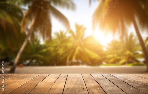 Empty wooden table on blurred tropical beach background