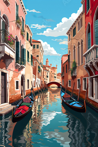 Imaginary cityscapes. A painting of a canal with gondola boats in it. Generative AI.