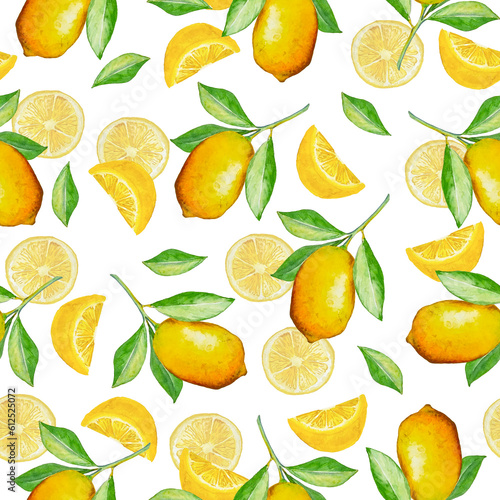 Watercolor seamless pattern with lemons and leaves handdrawn background
