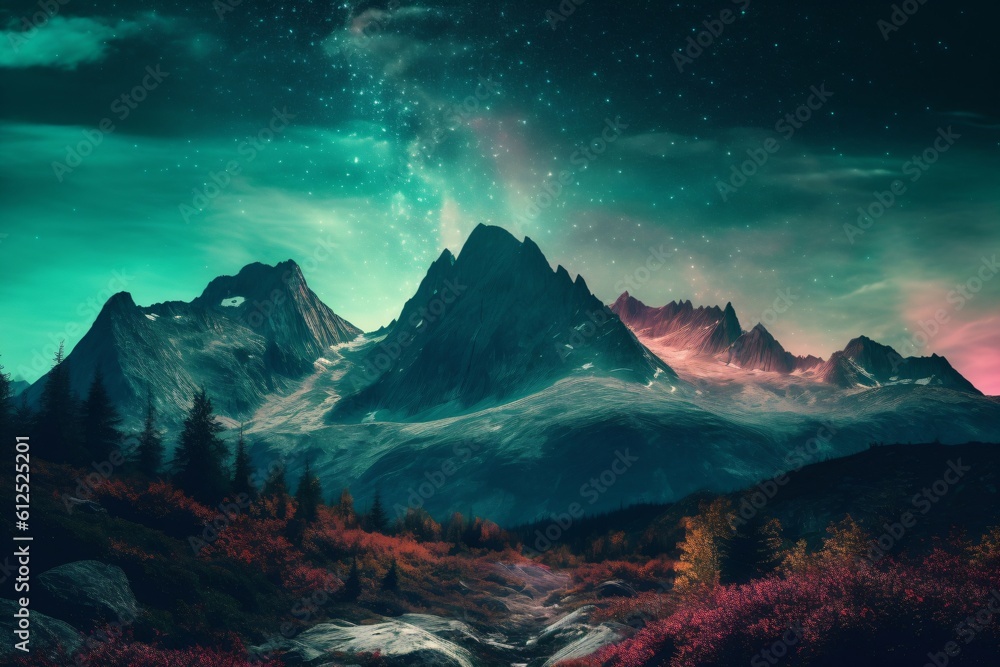 autumn blossoming valley with big mountains at night created with Generative AI technology