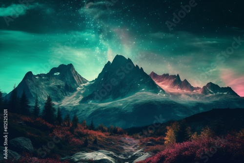 autumn blossoming valley with big mountains at night created with Generative AI technology