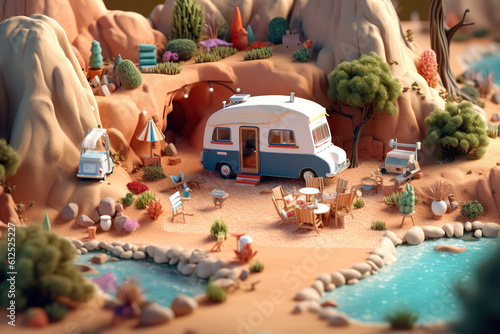 A miniature model of a camper van in the desert. Generative AI.