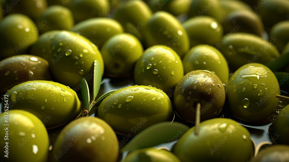 many green olives with leaves in water and in water droplets, AI generated many green olives with leaves in water and in water droplets, AI generated